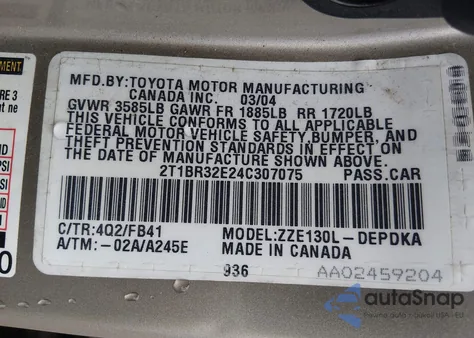 2004 Toyota Corolla Ce from USA, damaged, VIN 2T1BR32E24C307075